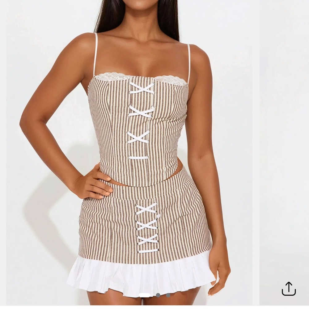 Linen Striped Skirt Set - Brown/White